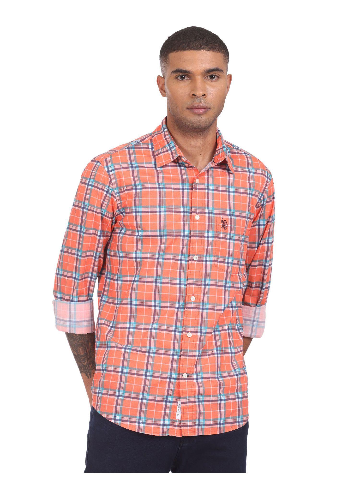 men coral cotton check casual shirt