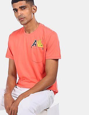 men coral short sleeve chest print t-shirt