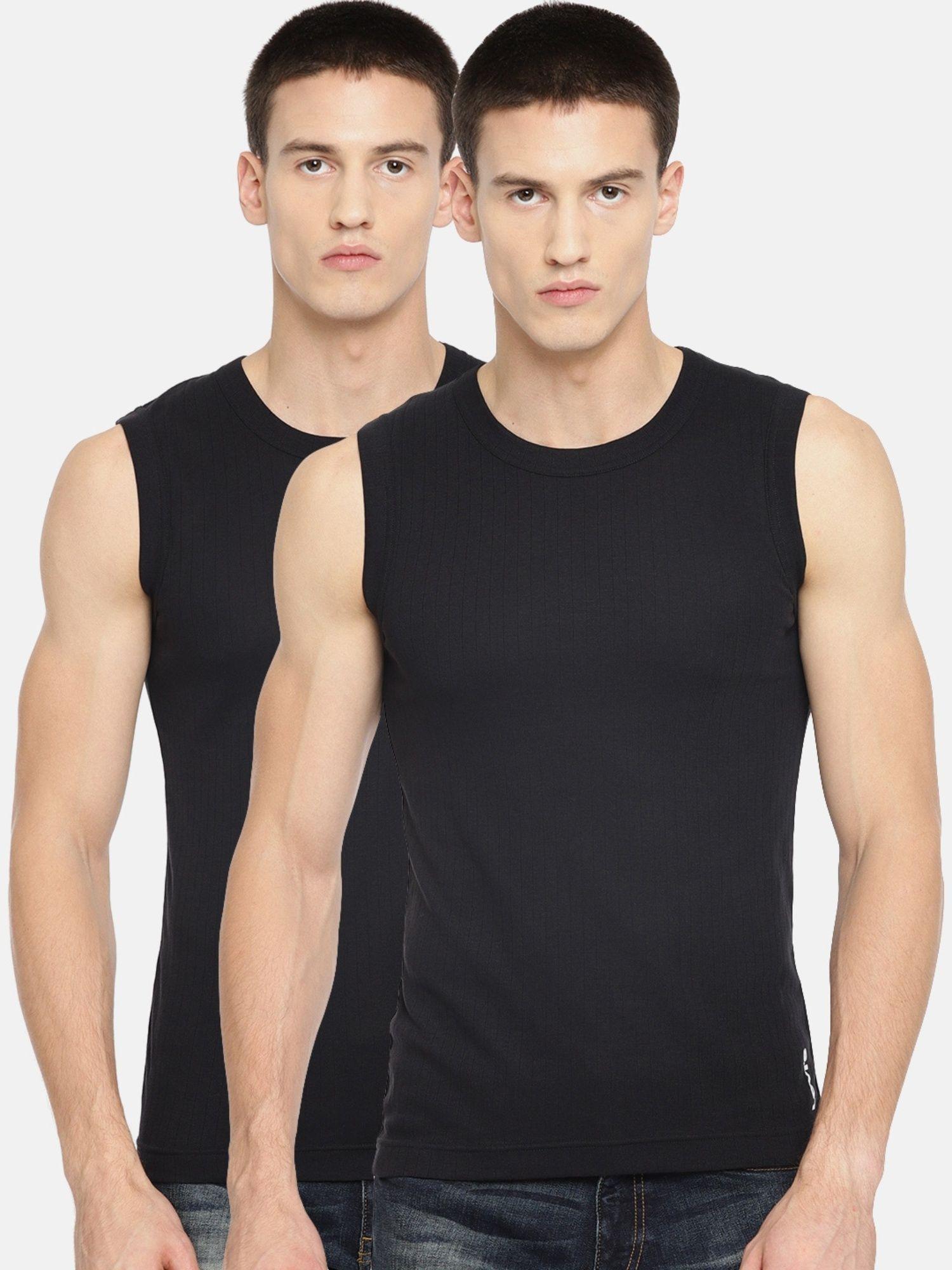 men cotton 100 ca solid sleeveless gym vest (pack of 2) black