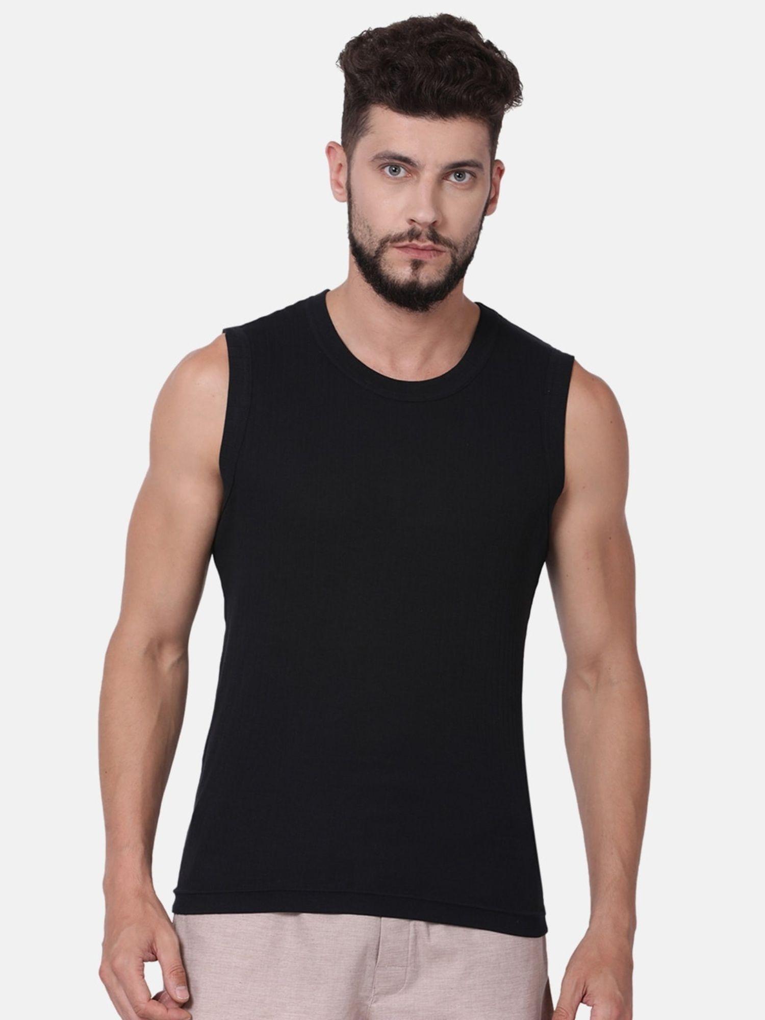 men cotton 100 ca solid sleeveless gym vest black