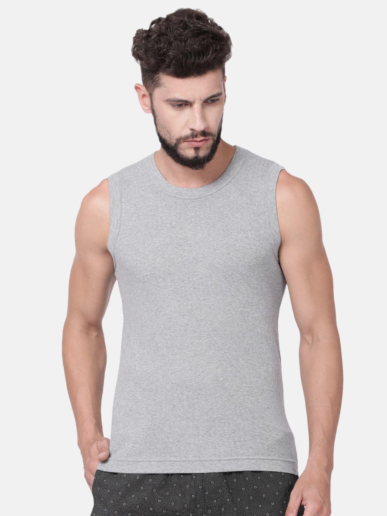 men cotton 100 ca solid sleeveless gym vest grey