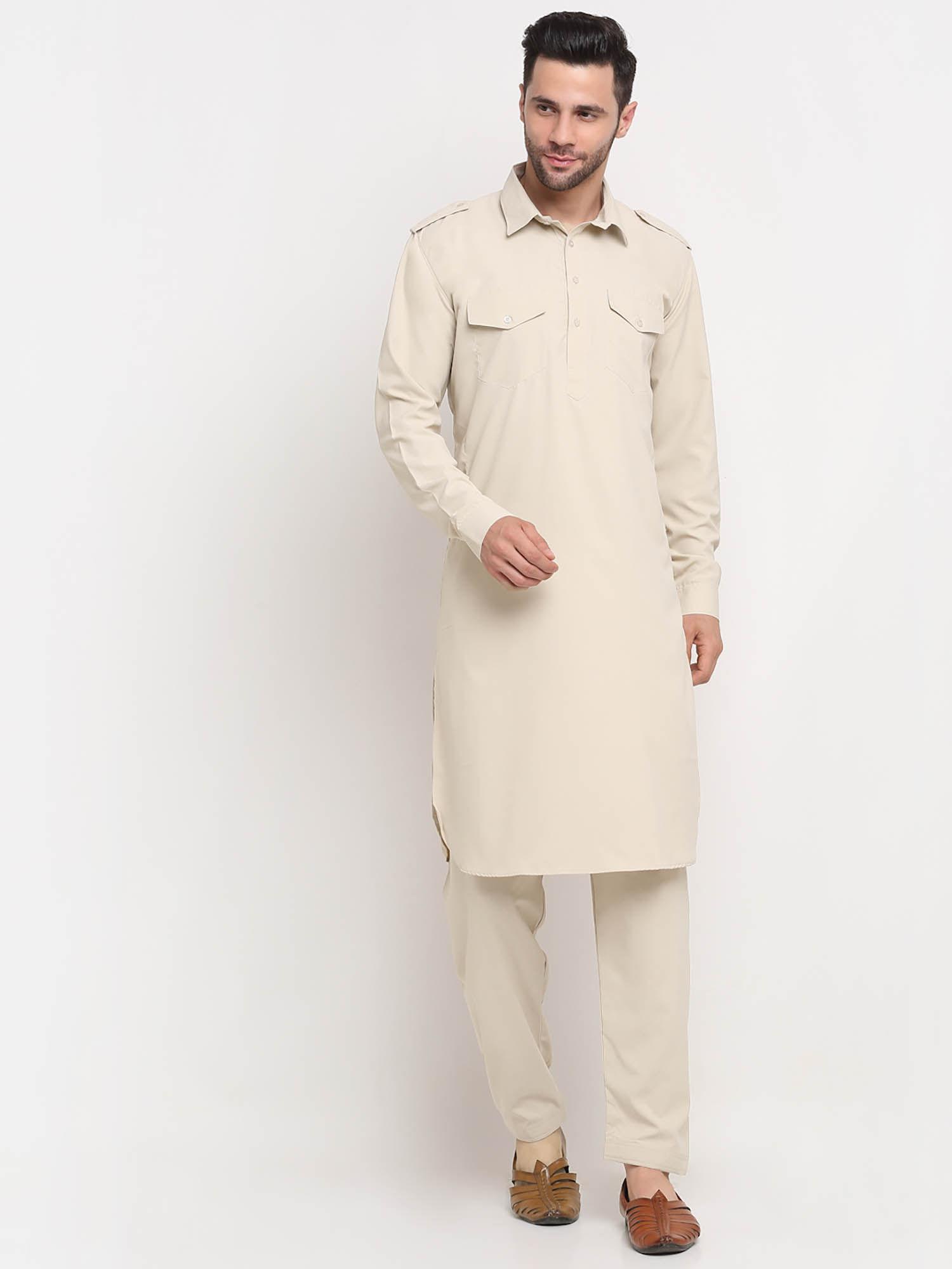 men cotton beige pathani kurta with trousers (set of 2)