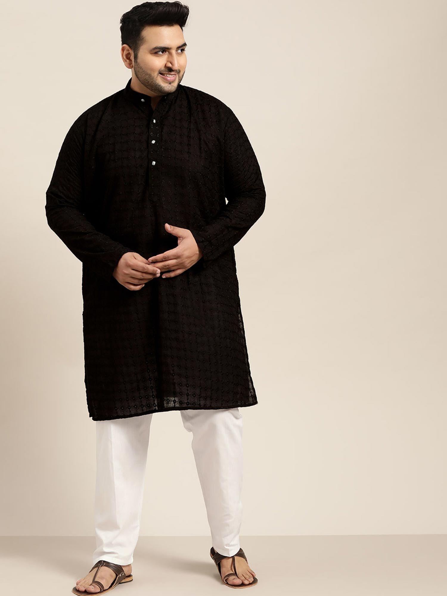 men cotton black chikankari kurta and white churidaar pyjama (set of 2)