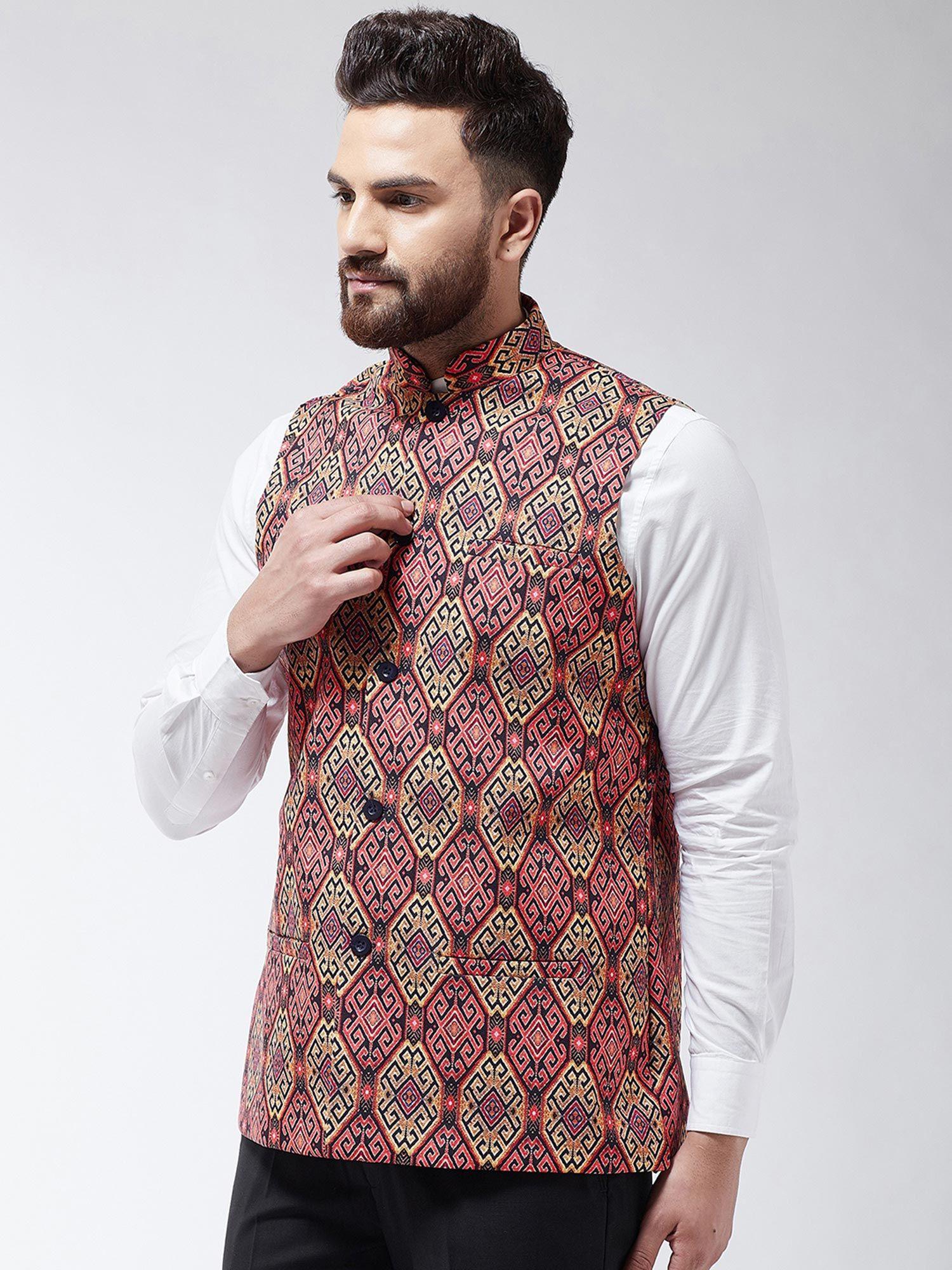 men cotton blend black & multi printed waist coat