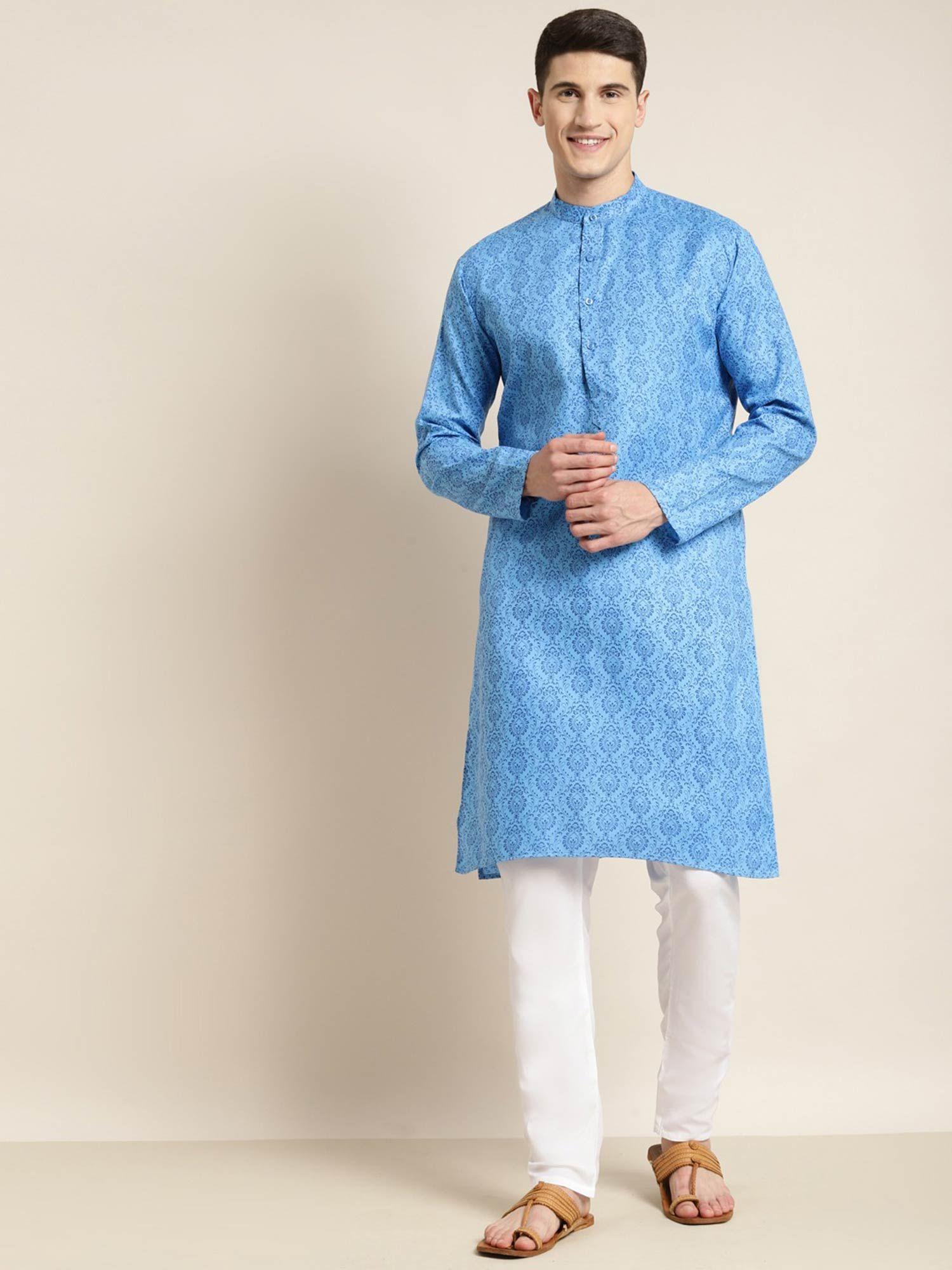 men cotton blend blue printed long kurta