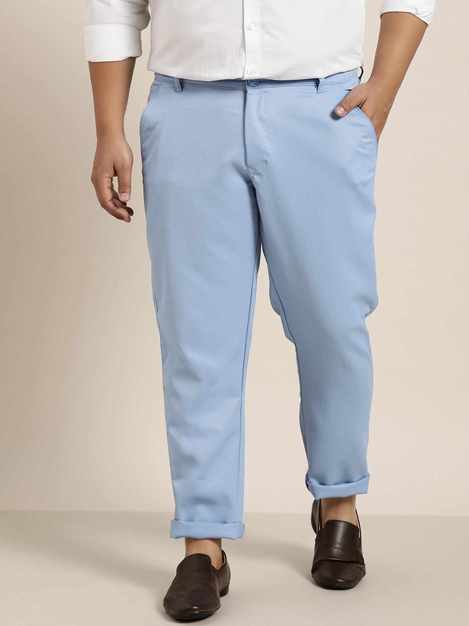 men cotton blend blue woven design trousers