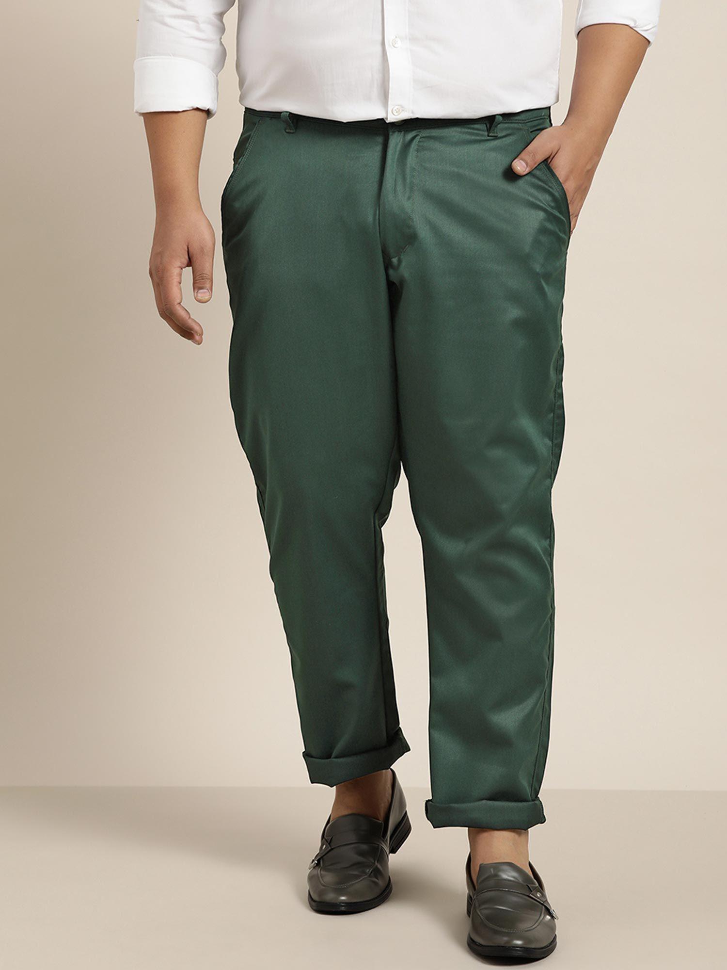 men cotton blend bottle green solid trousers