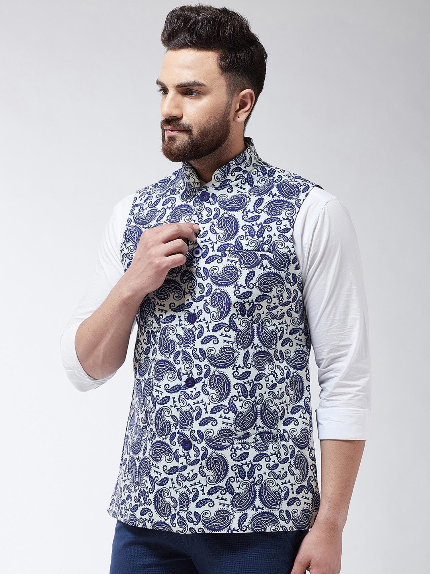 men cotton blend cream & royal blue printed waist coat