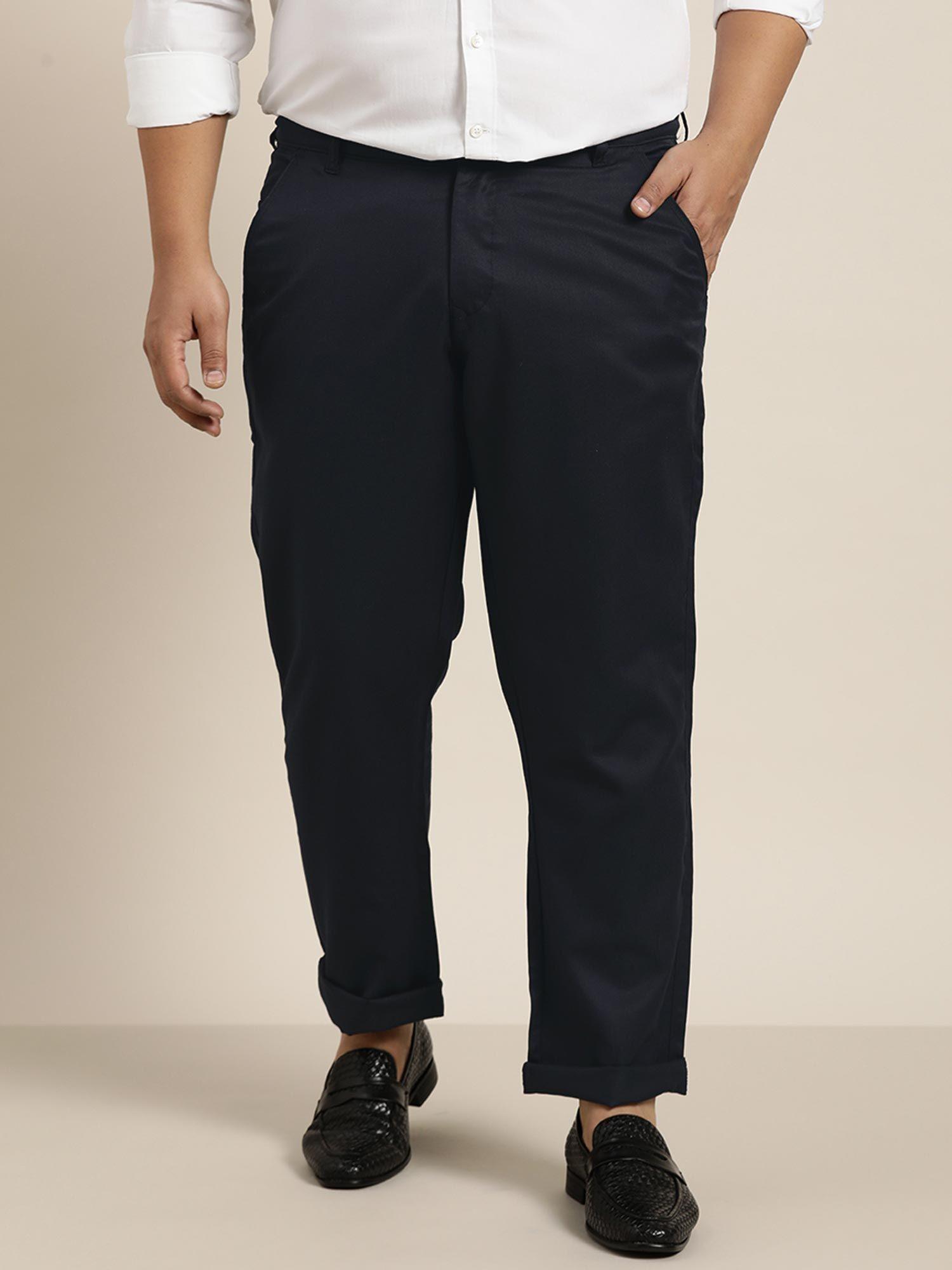 men cotton blend dark navy blue solid trousers