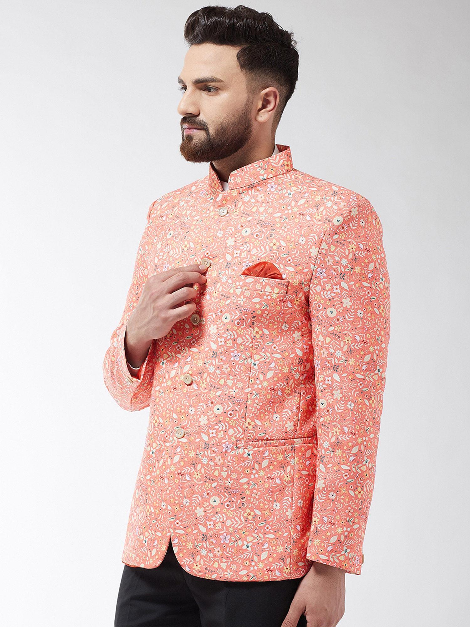 men cotton blend dark pink & yellow printed blazer