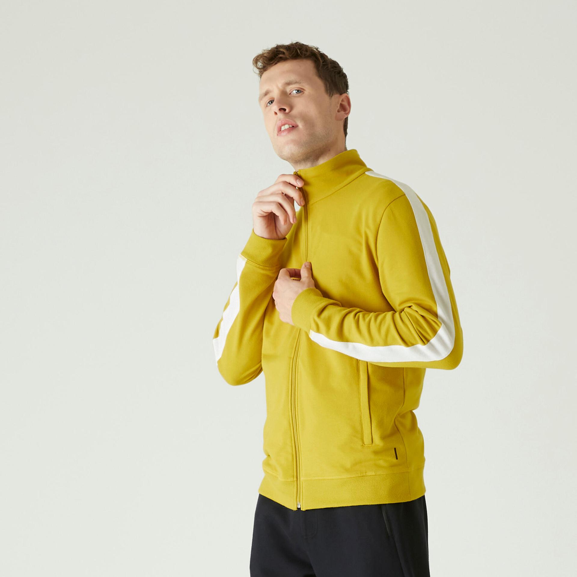 men cotton blend gym zip jacket 500 - yellow white