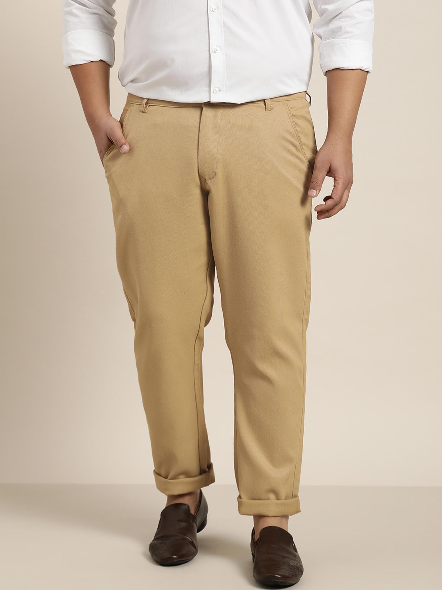 men cotton blend khaki woven design trousers