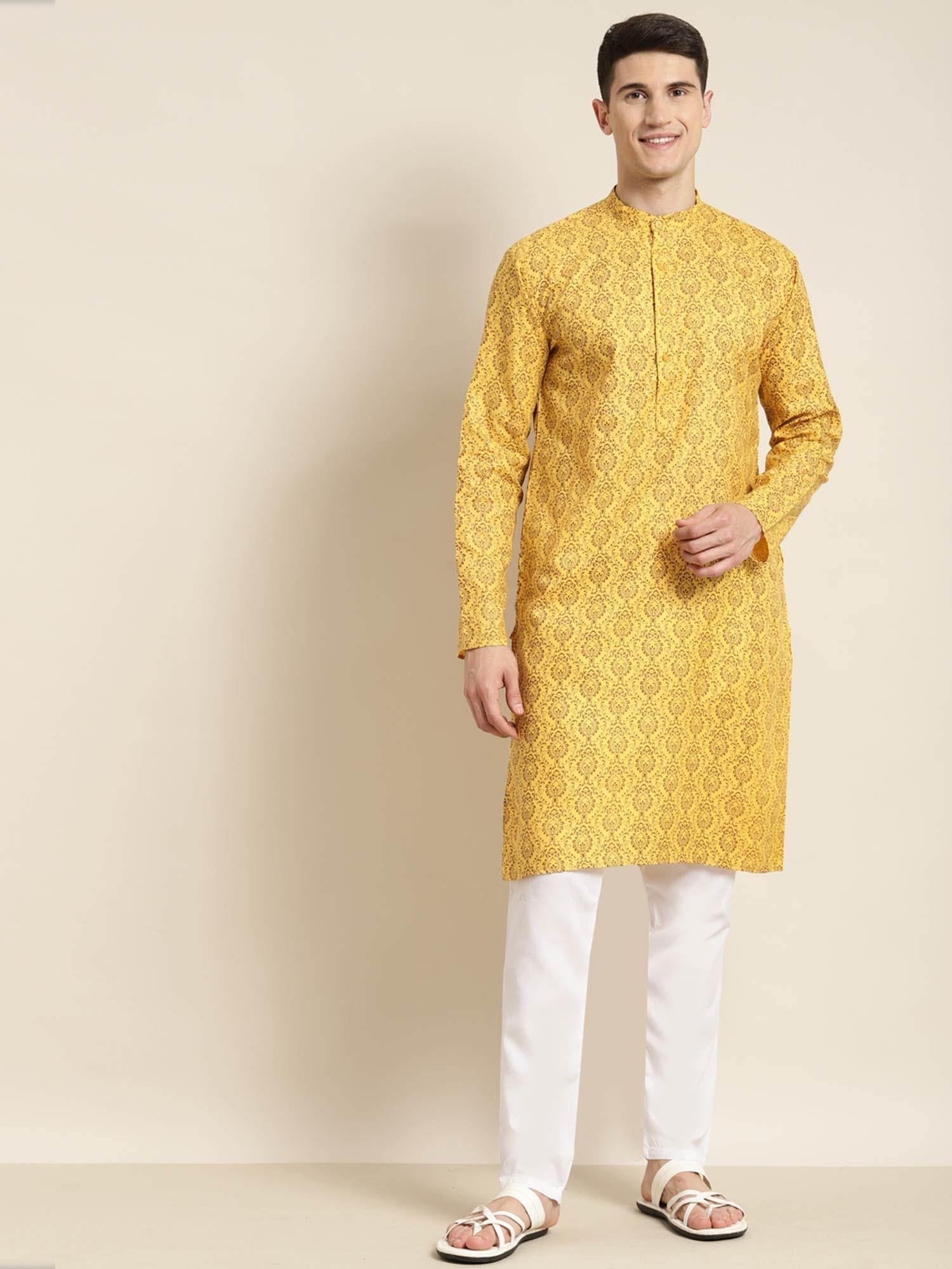 men cotton blend mustard printed kurta with white churidar pyjama (set of 2)