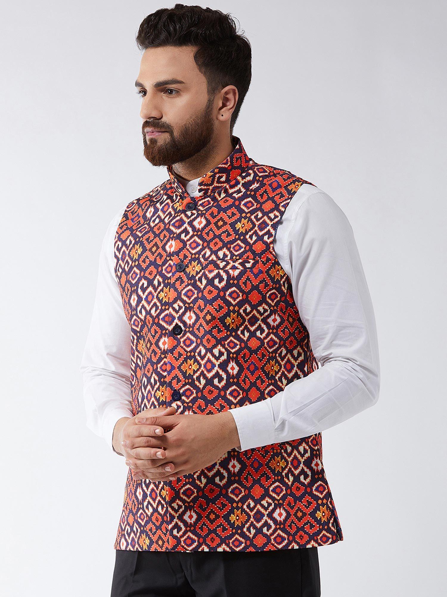 men cotton blend navy blue & multi printed waist coat