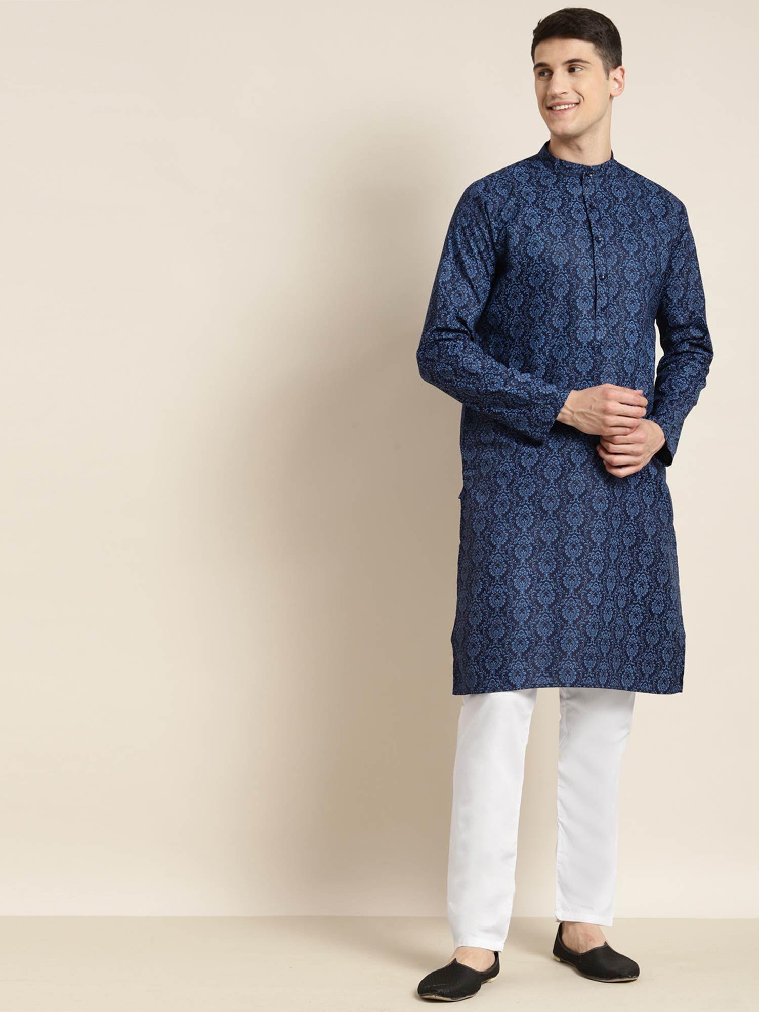 men cotton blend navy blue printed kurta with white churidar pyjama (set of 2)