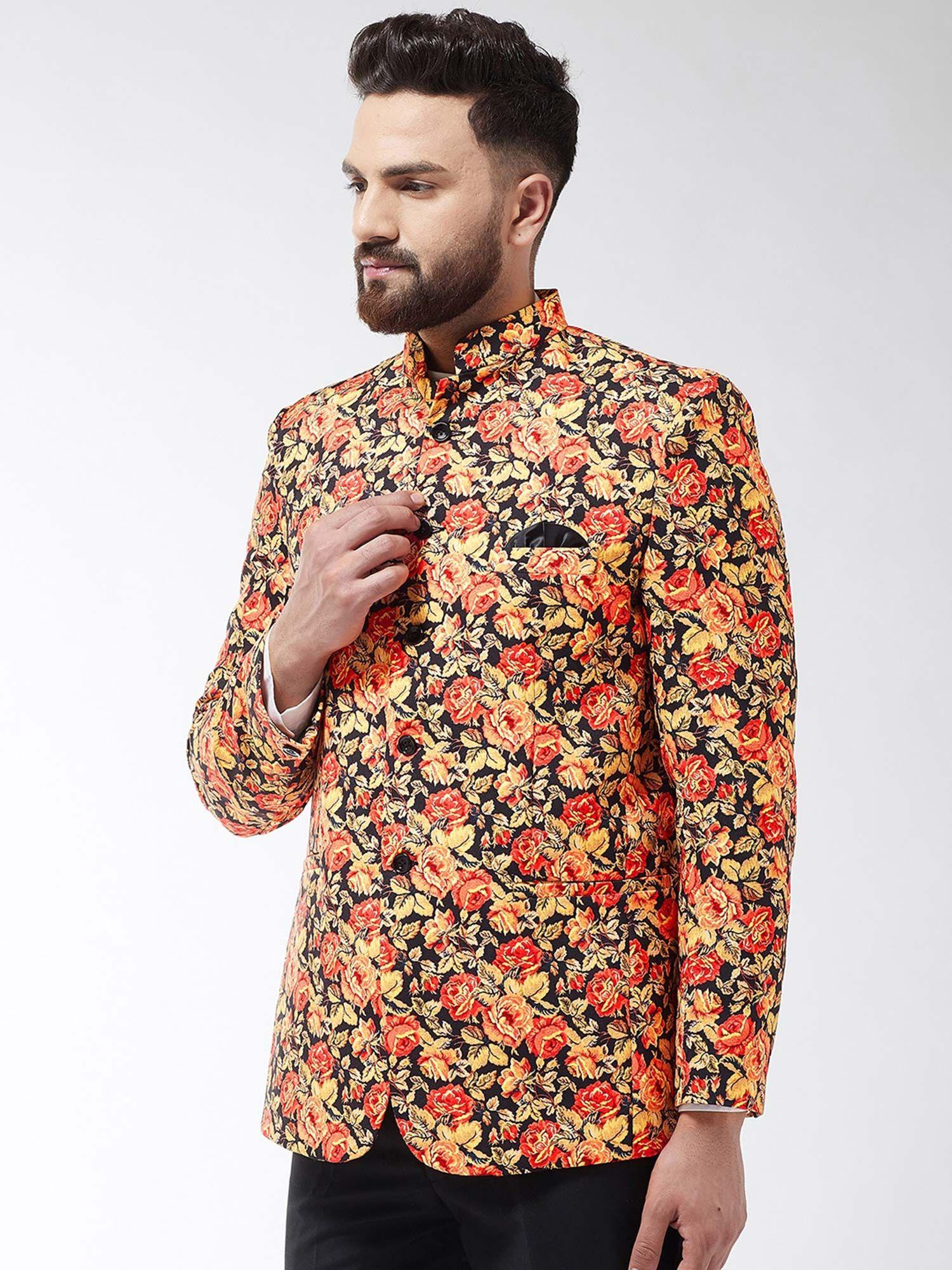 men cotton blend orange & multi floral printed blazer