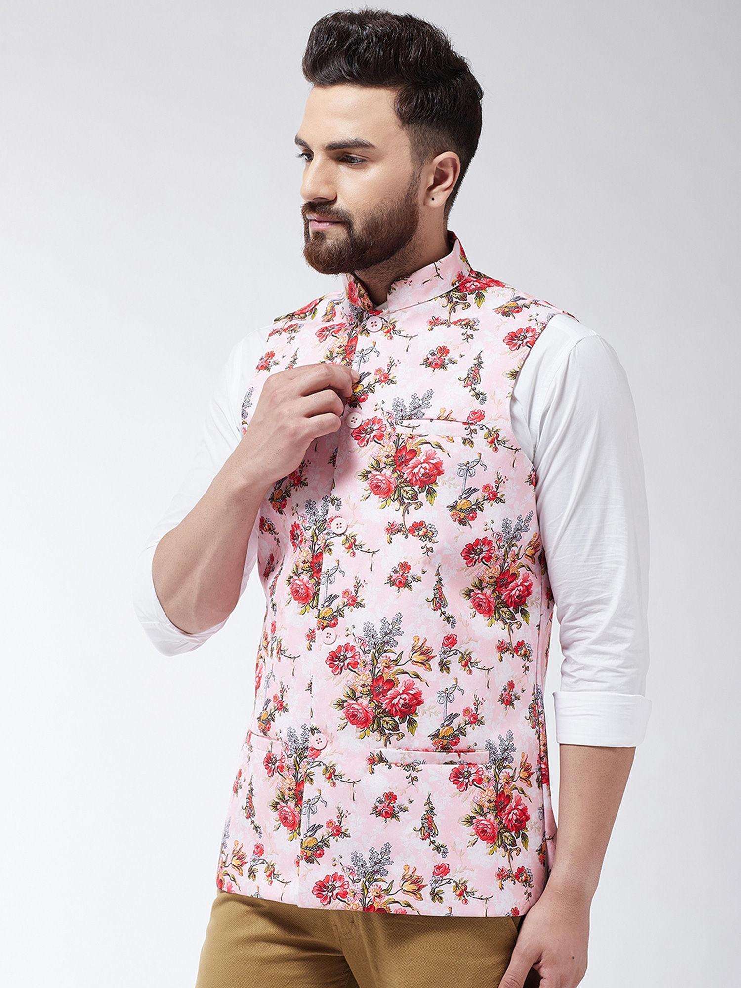 men cotton blend pink & multi printed waist coat