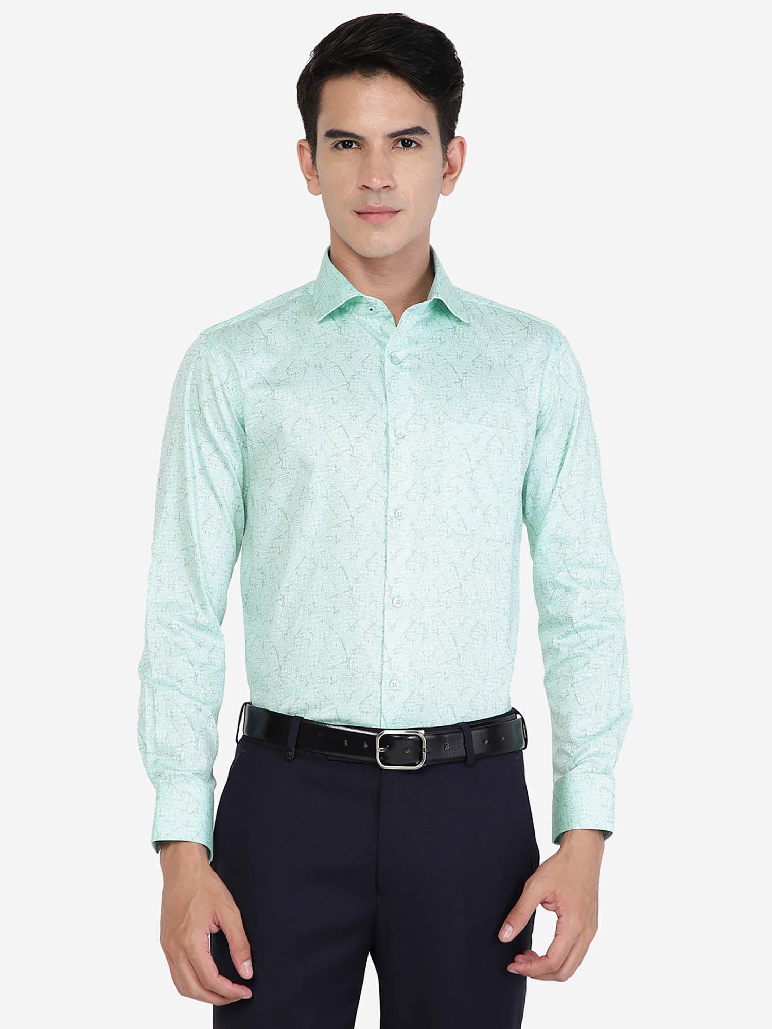 men cotton blend printed sky blue slim fit formal shirt