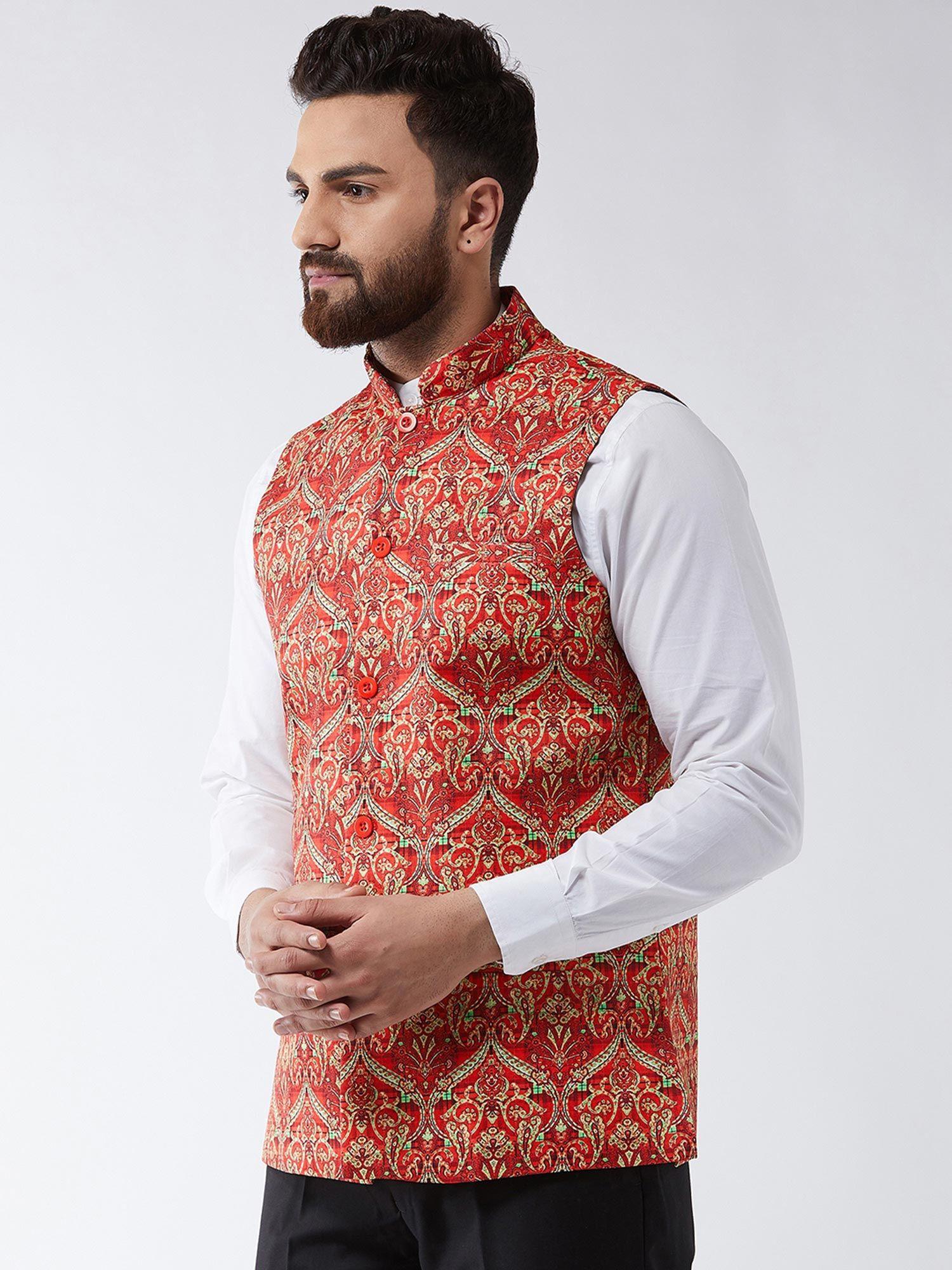 men cotton blend red & green printed waist coat