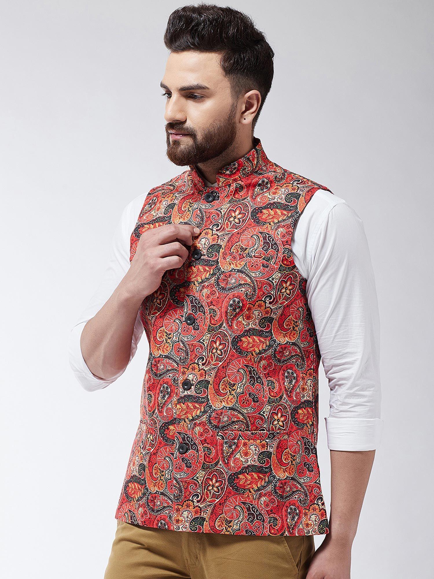 men cotton blend red & multi printed waist coat