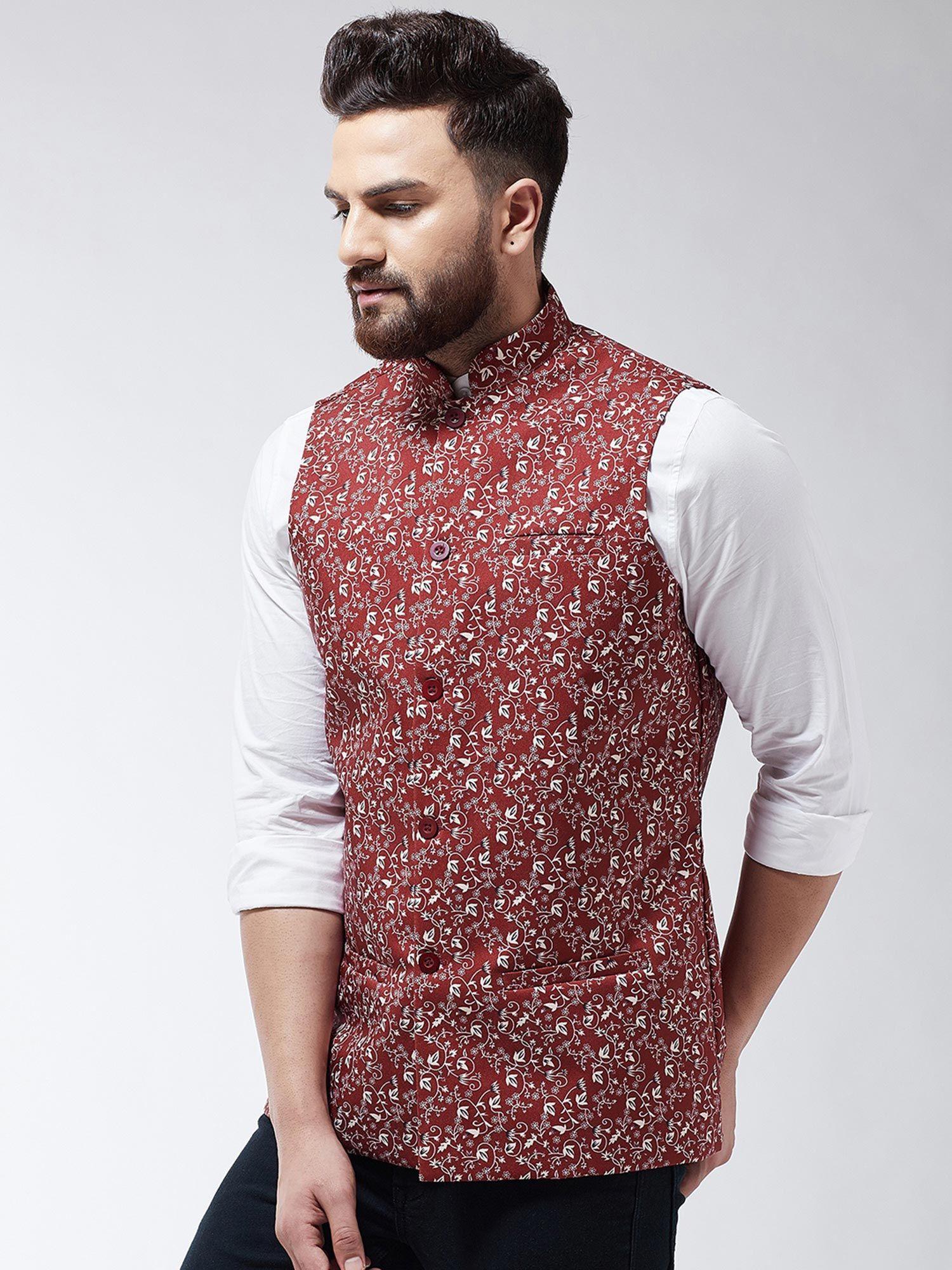 men cotton blend rust & beige printed waist coat