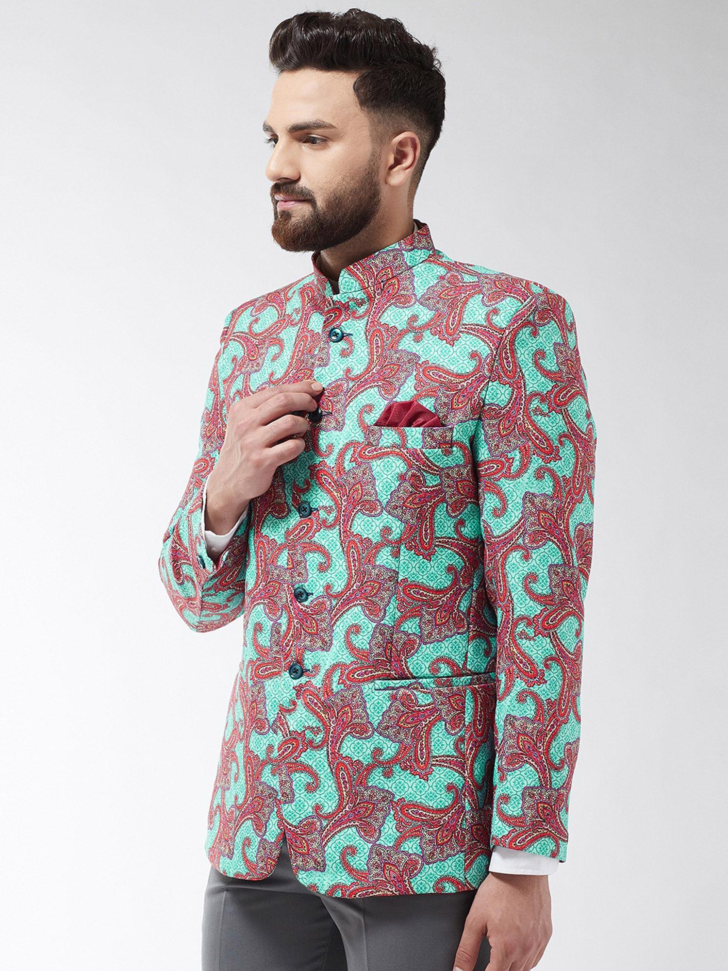 men cotton blend sea green & multi printed blazer