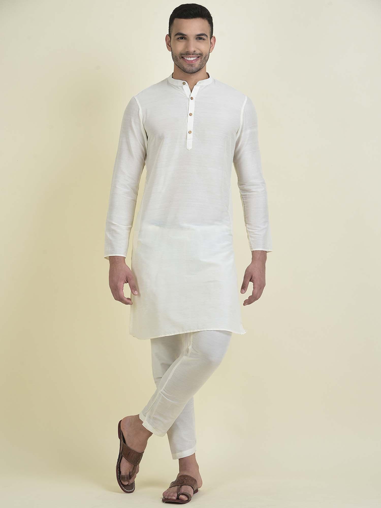 men cotton blend white solid kurta & pyjama (set of 2)