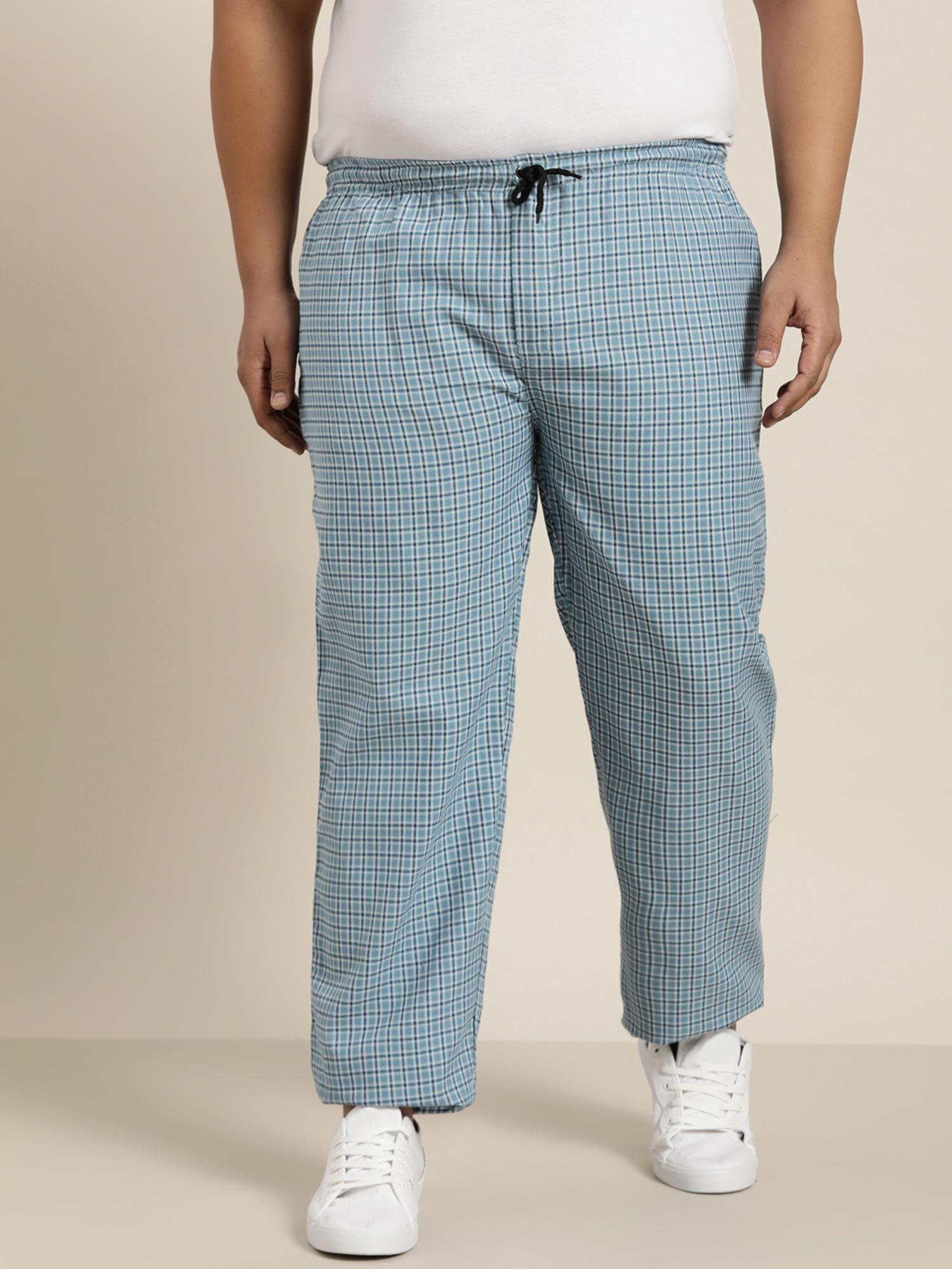 men cotton blue & white checked track pant