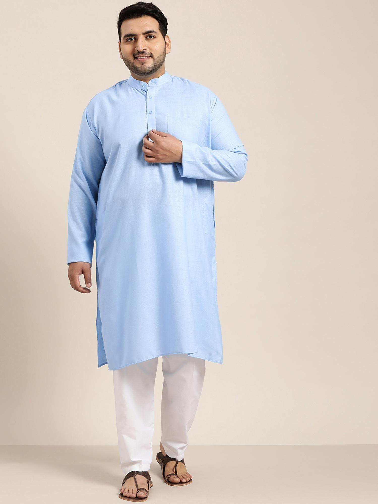 men cotton blue kurta and white churidar pyjama (set of 2)