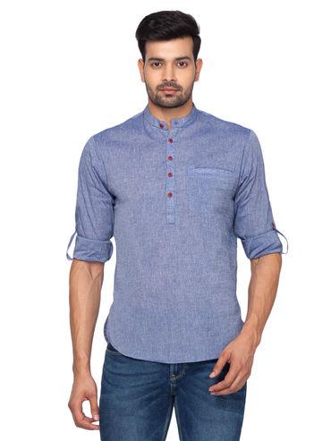 men cotton blue printed short length kurta