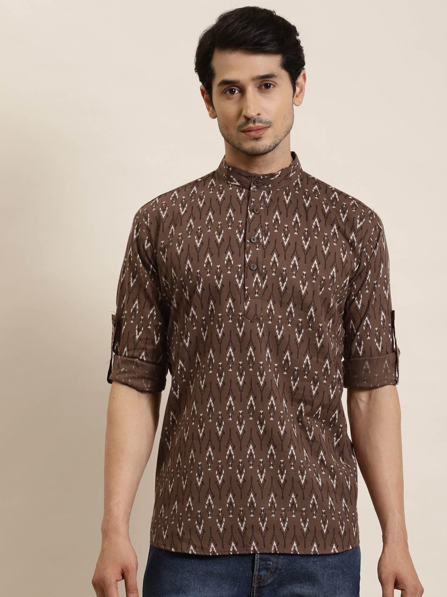 men cotton brown printed short kurta