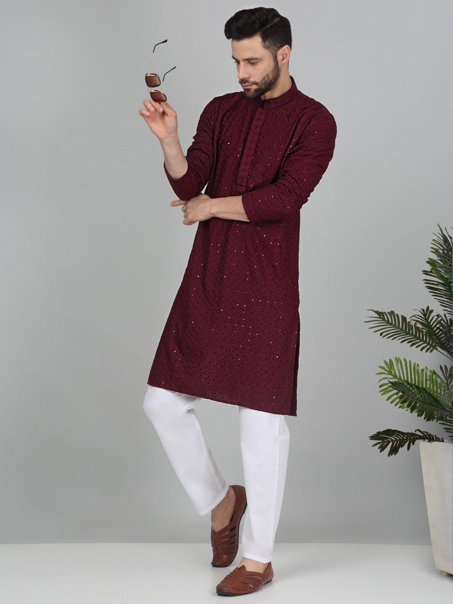 men cotton burgundy embroidered sequined kurta with pant (set of 2)