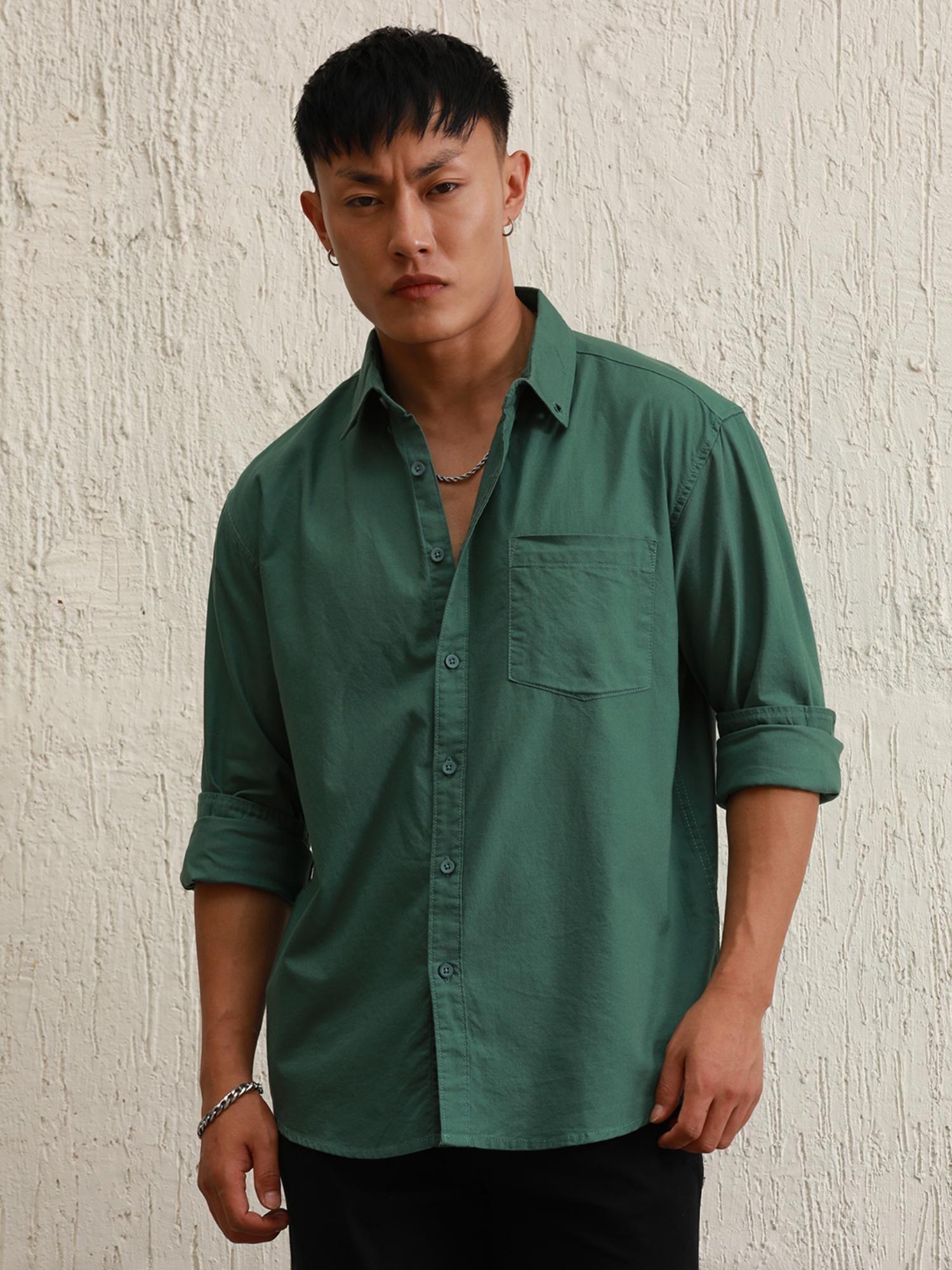 men cotton button-down collar solid oversized casual green shirt