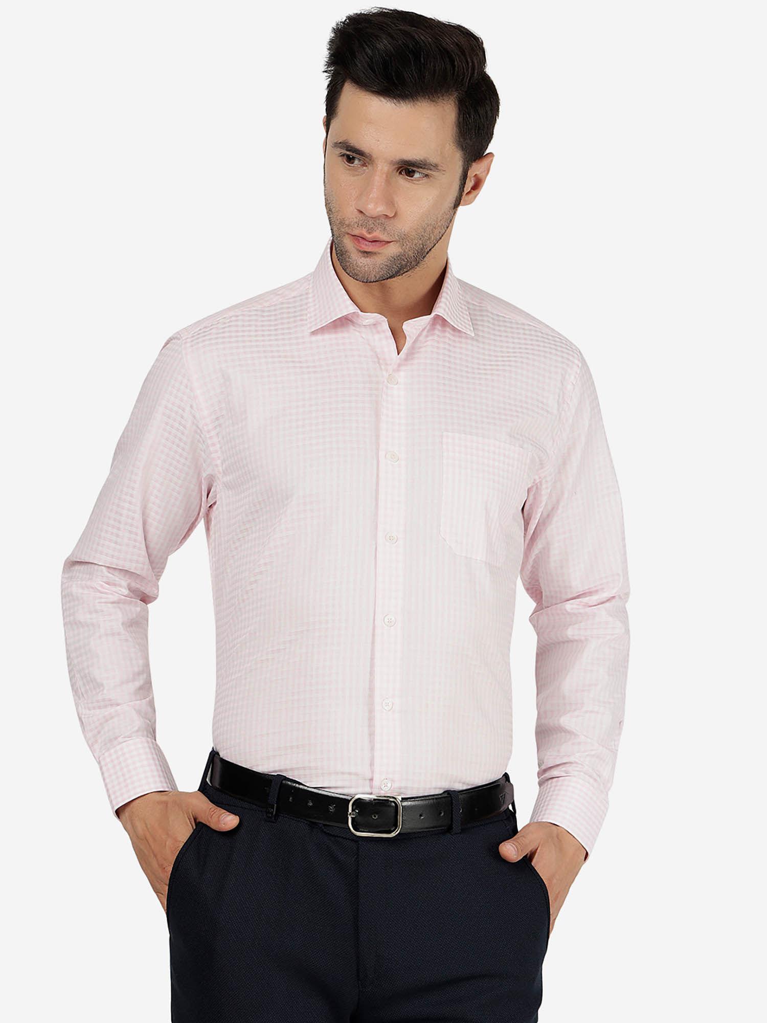 men cotton checked pink regular fit full sleeve formal shirt