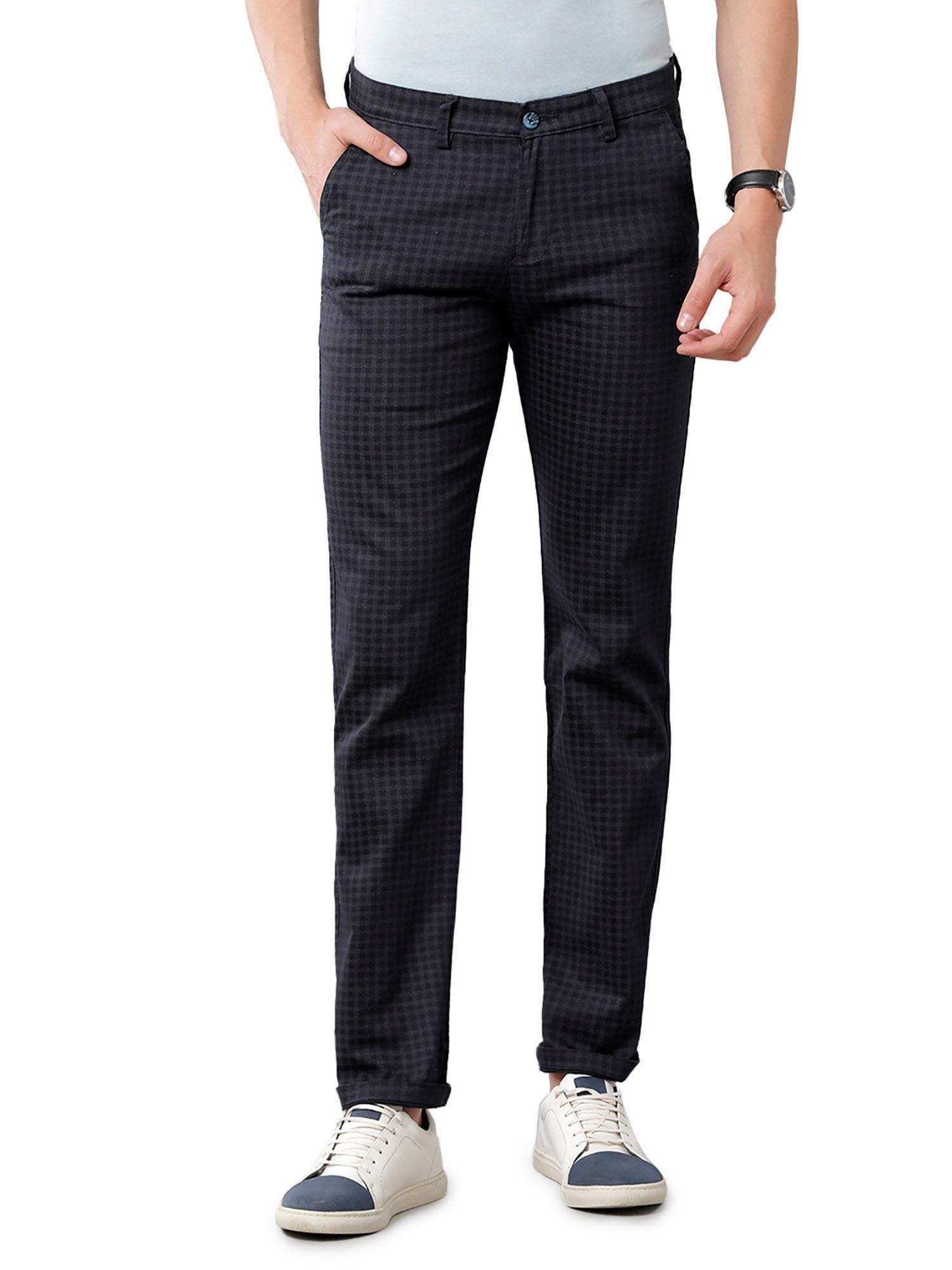 men cotton checked slim fit navy colour trousers