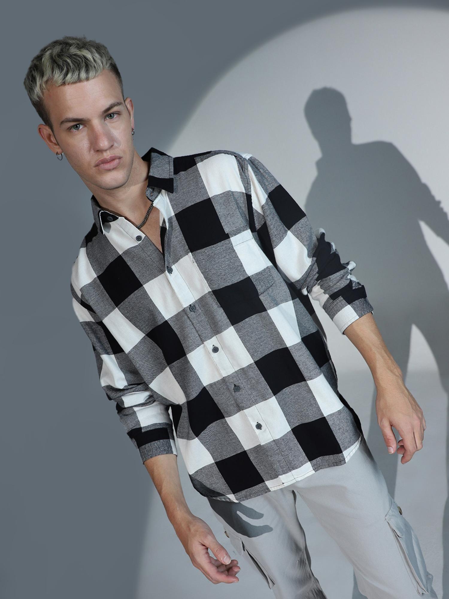 men cotton collar neck checked oversized casual black shirt