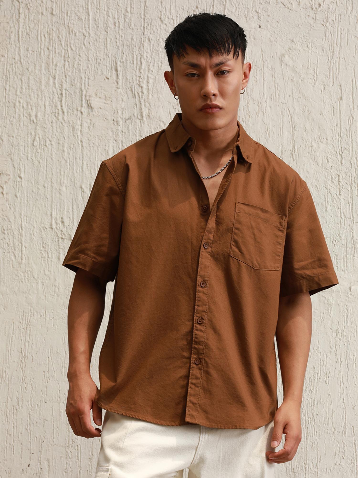 men cotton collar neck solid oversized casual tan shirt