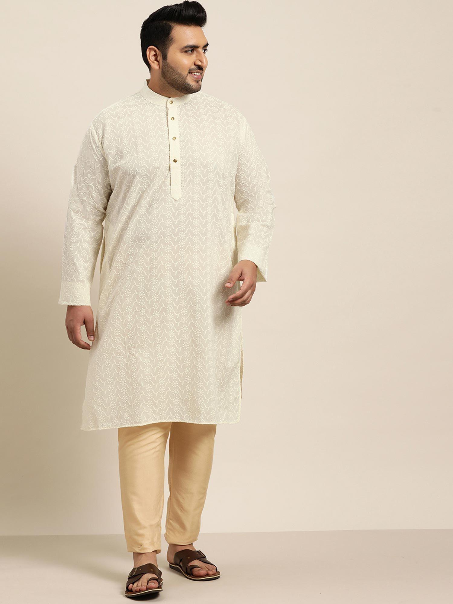 men cotton cream chikankari kurta