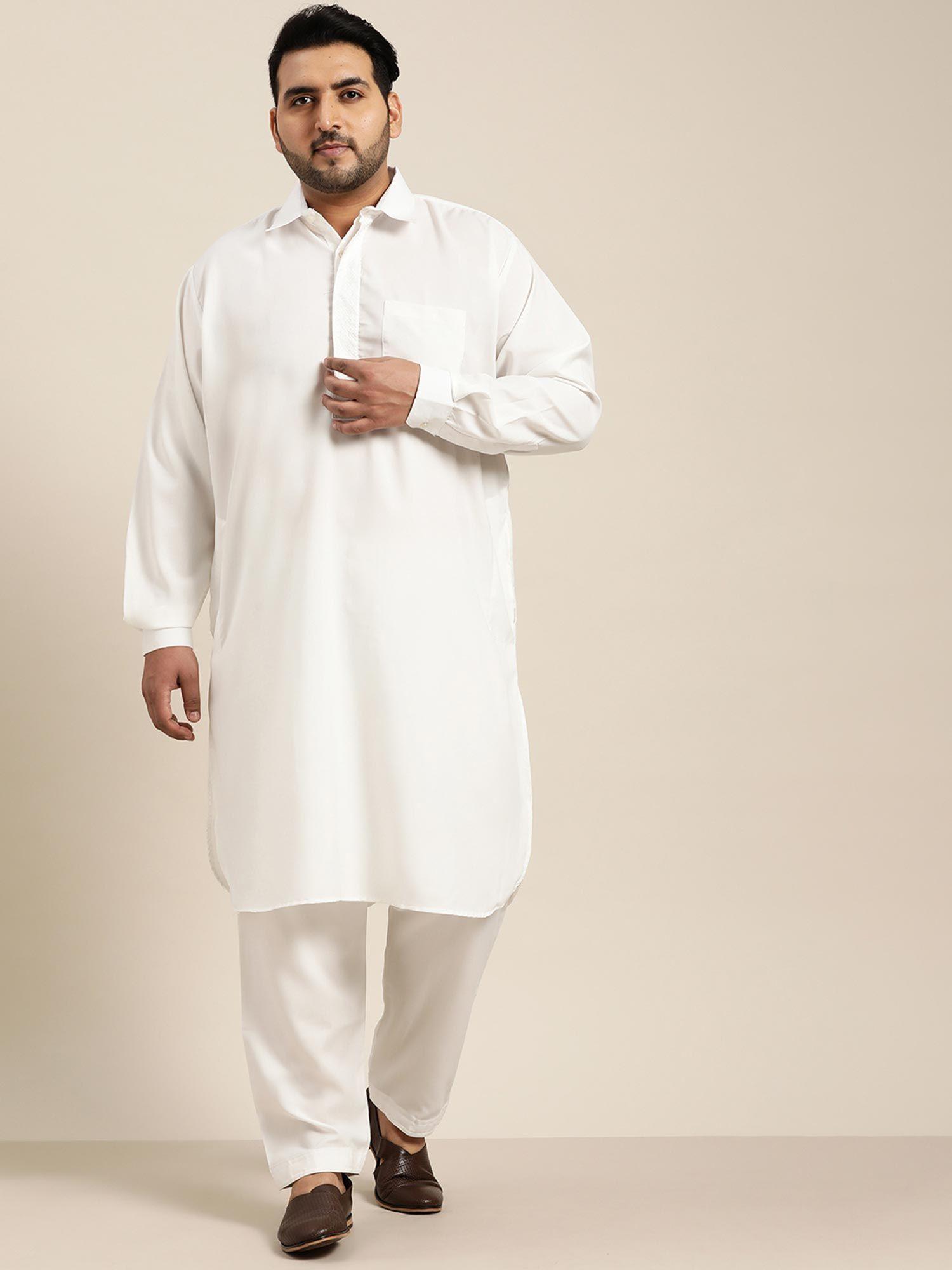 men cotton cream pathani kurta salwar (set of 2)