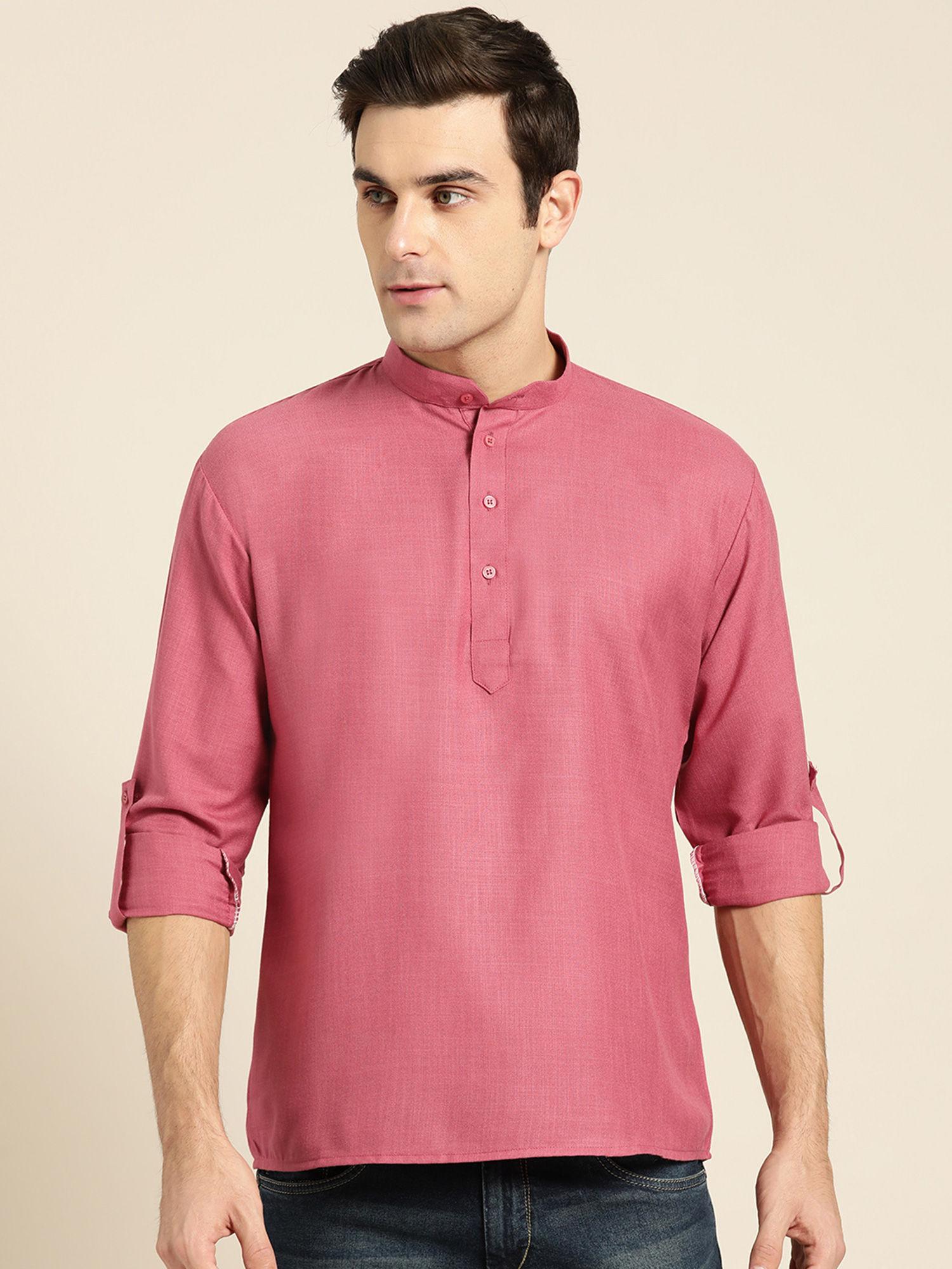 men cotton dark pink solid short kurta