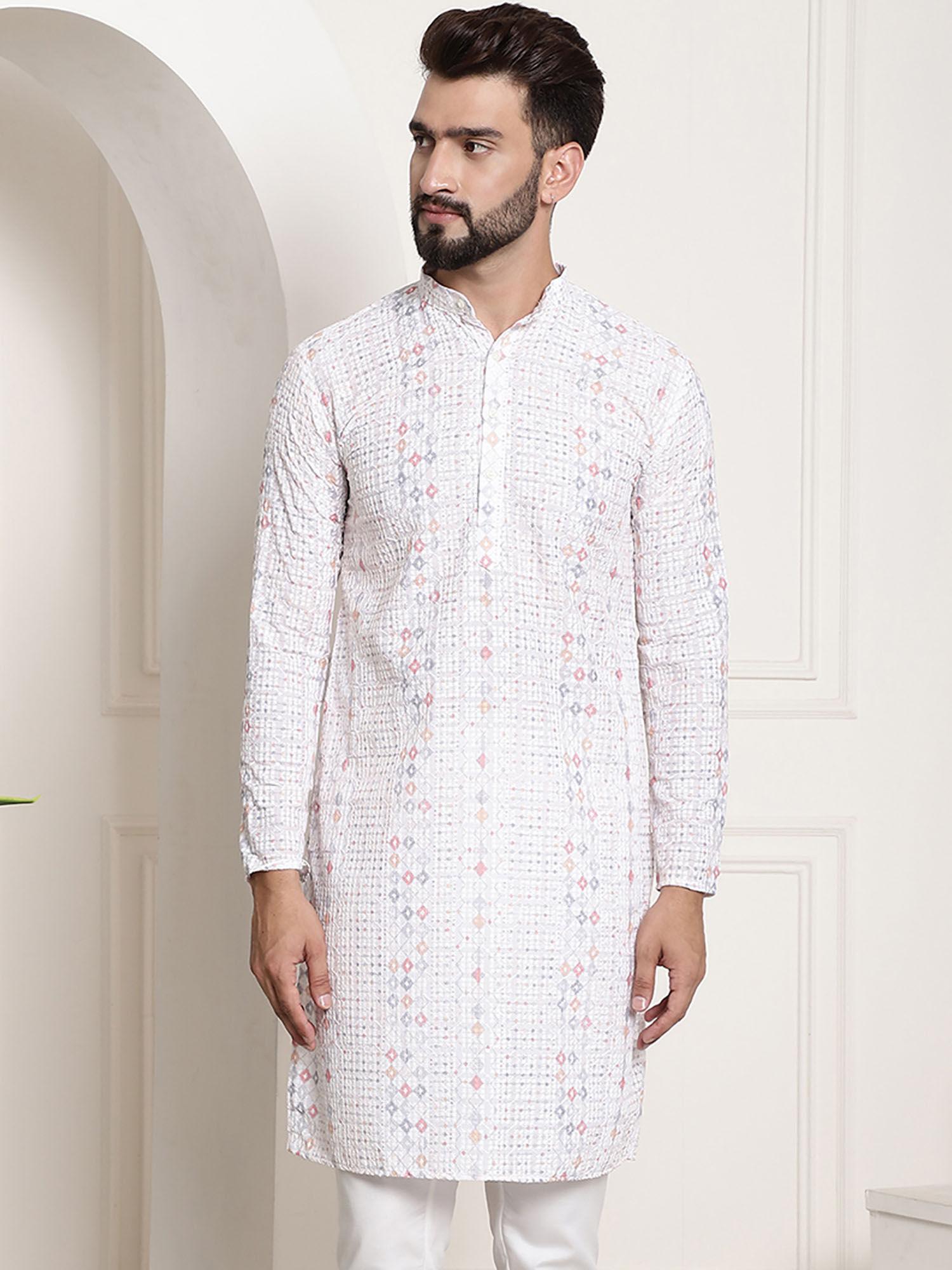 men cotton embroidered printed white colour long kurta