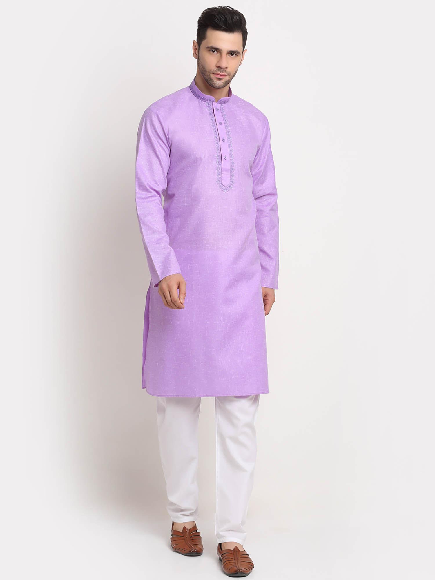 men cotton embroidered purple kurta & pyjamas (set of 2)
