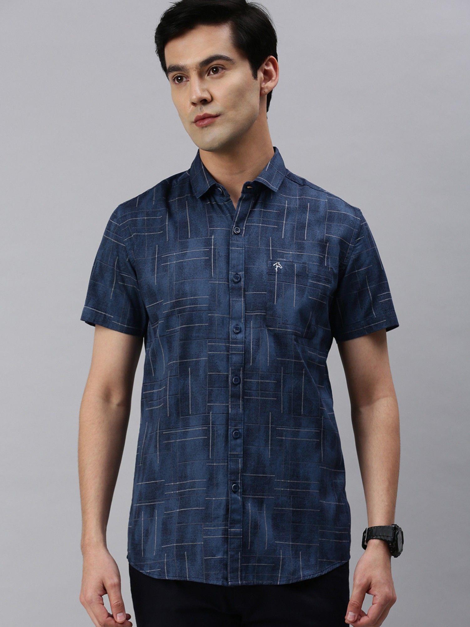 men cotton half sleeve printed slim fit polo neck navy blue colour woven shirt