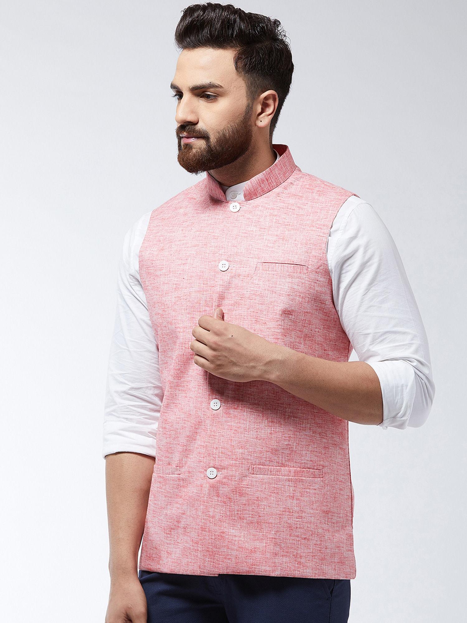 men cotton linen blend coral waist coat