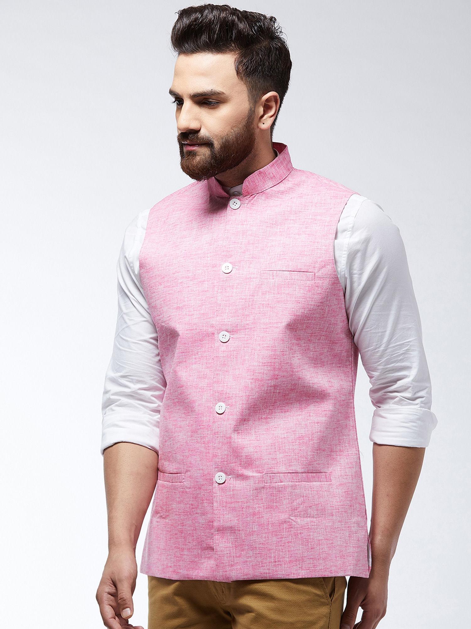 men cotton linen blend pink waist coat