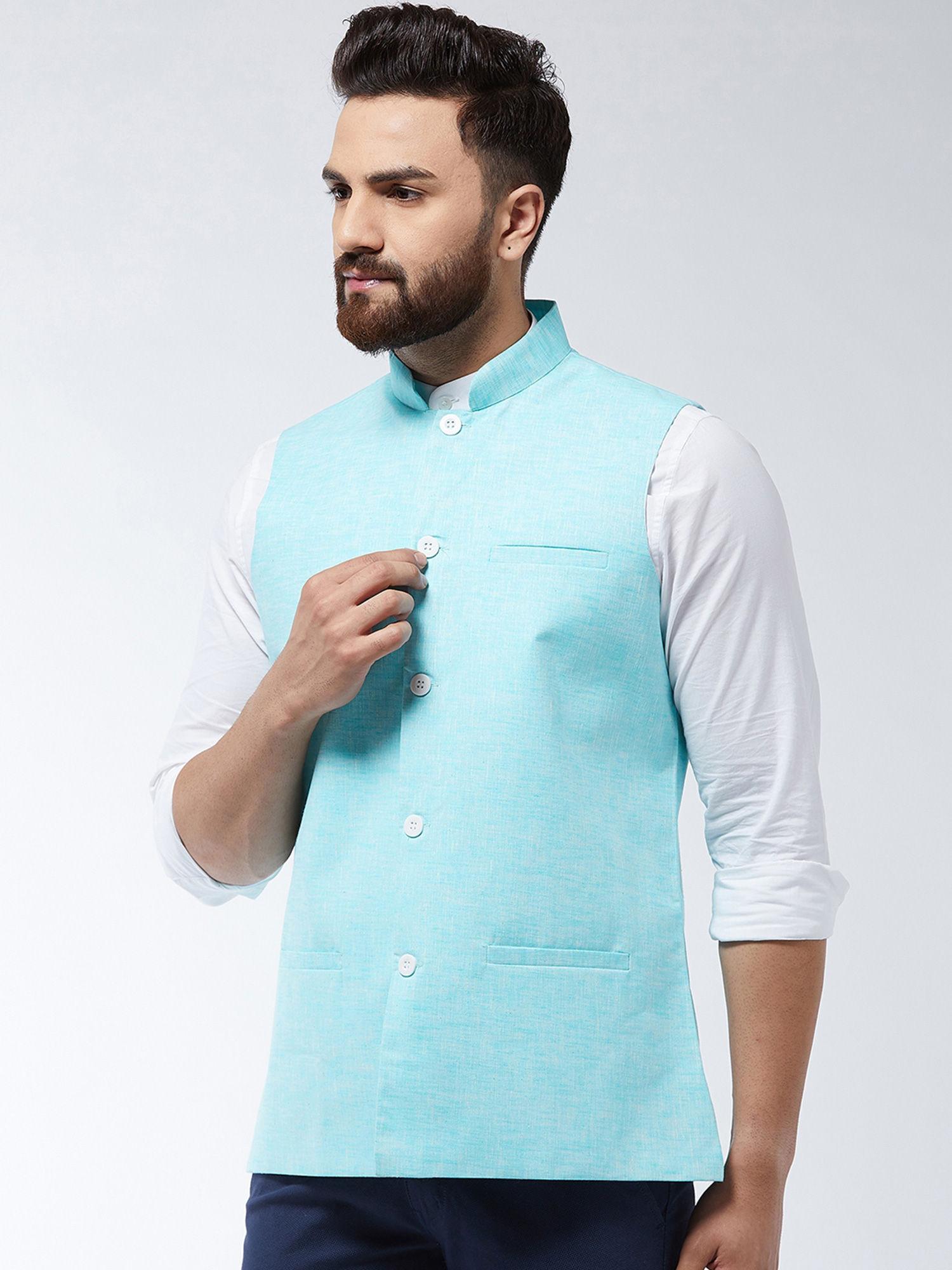 men cotton linen blend sky blue waist coat