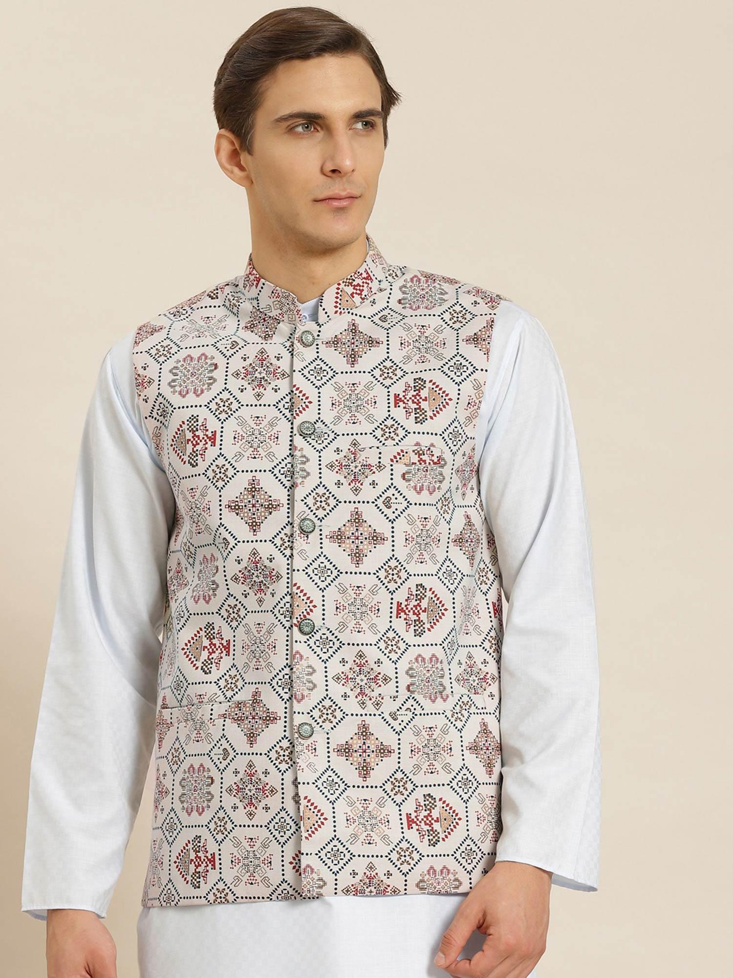 men cotton linen cream printed nehru jacket