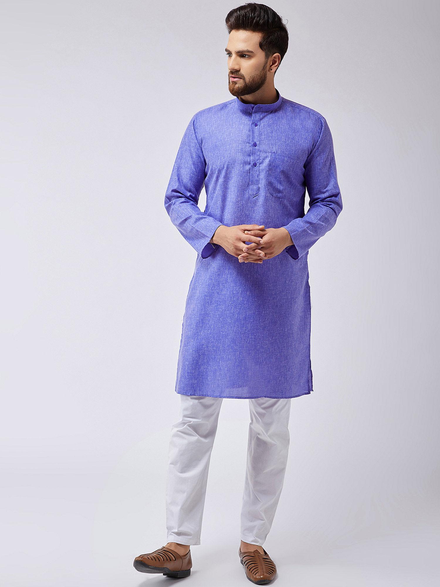 men cotton linen indigo blue kurta & white pyjama (set of 2)