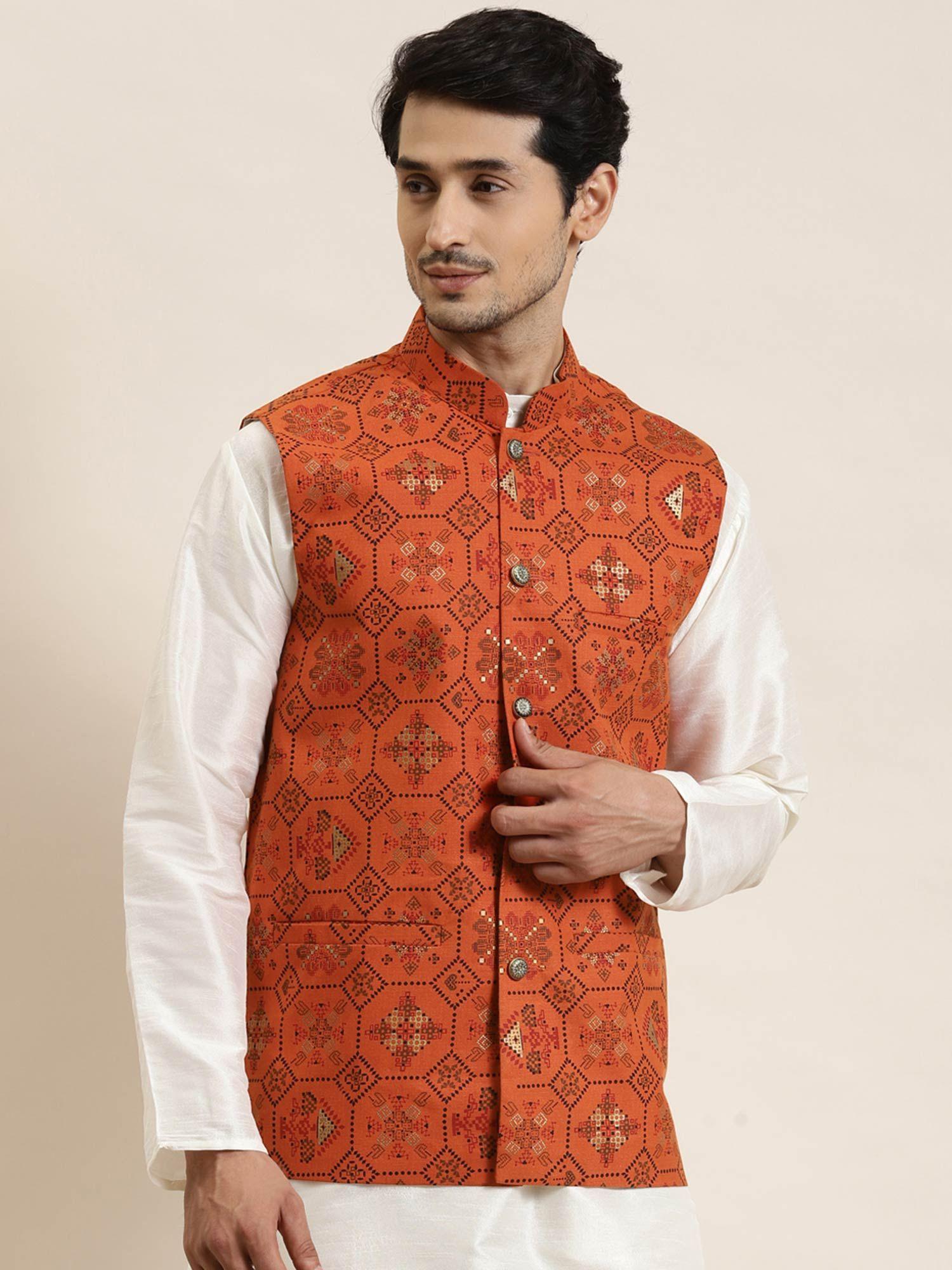 men cotton linen orange printed nehru jacket