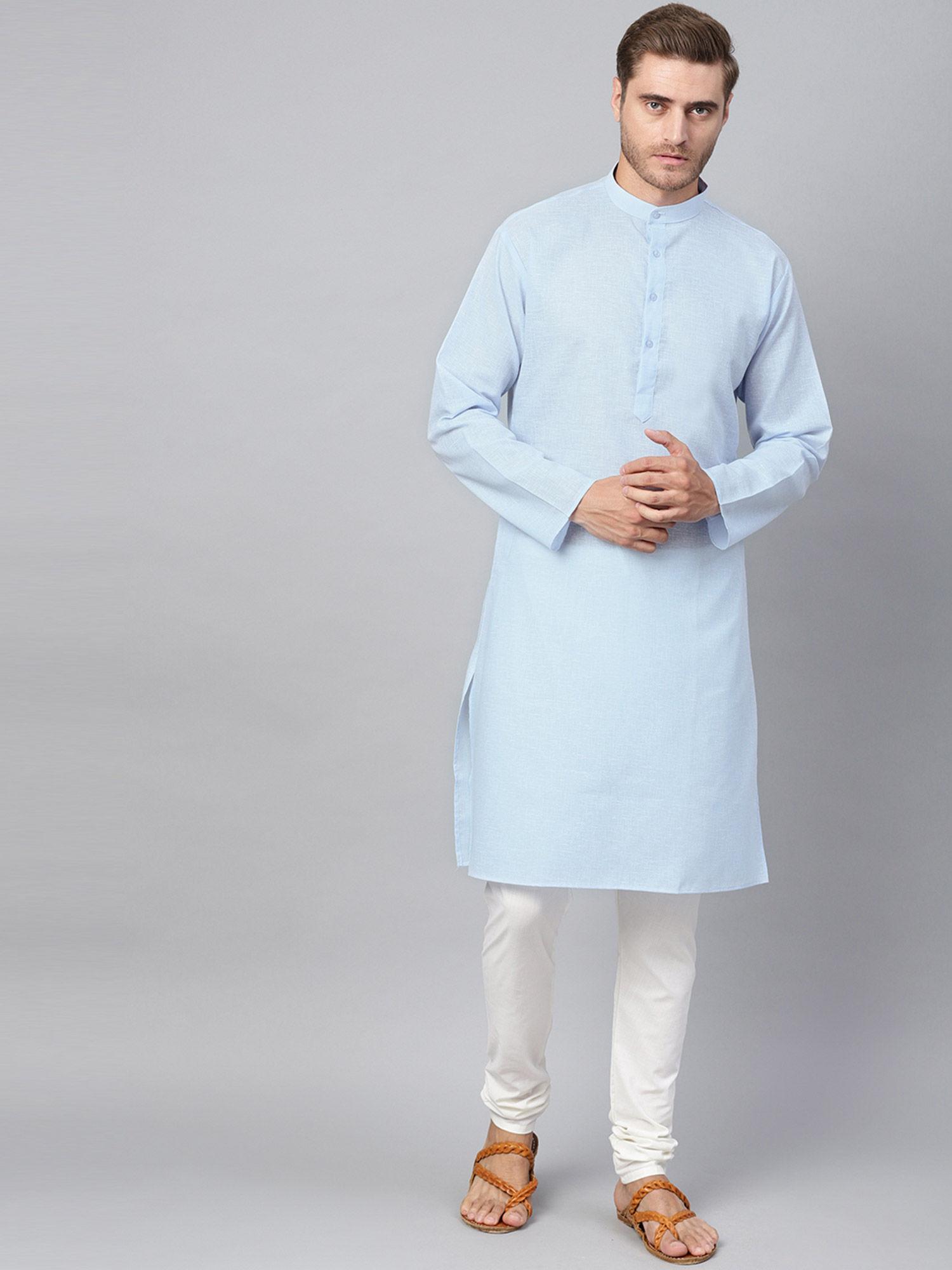 men cotton linen sky blue kurta and off white churidar pyjama (set of 2)